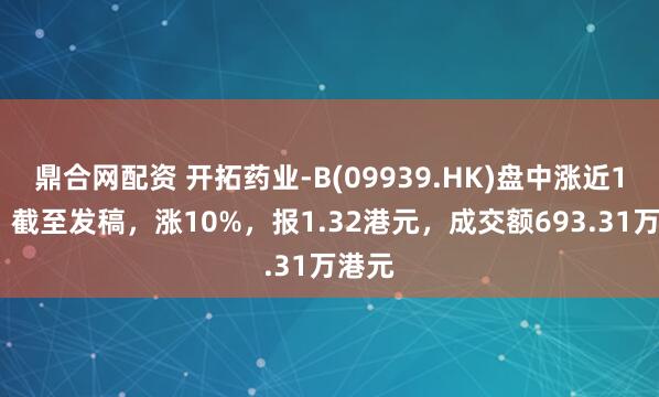 鼎合网配资 开拓药业-B(09939.HK)盘中涨近14%，截至发稿，涨10%，报1.32港元，成交额693.31万港元